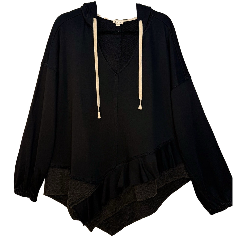 POL Women’s Black V-neck layered asymmetrical Hem mixed media oversized hoodie